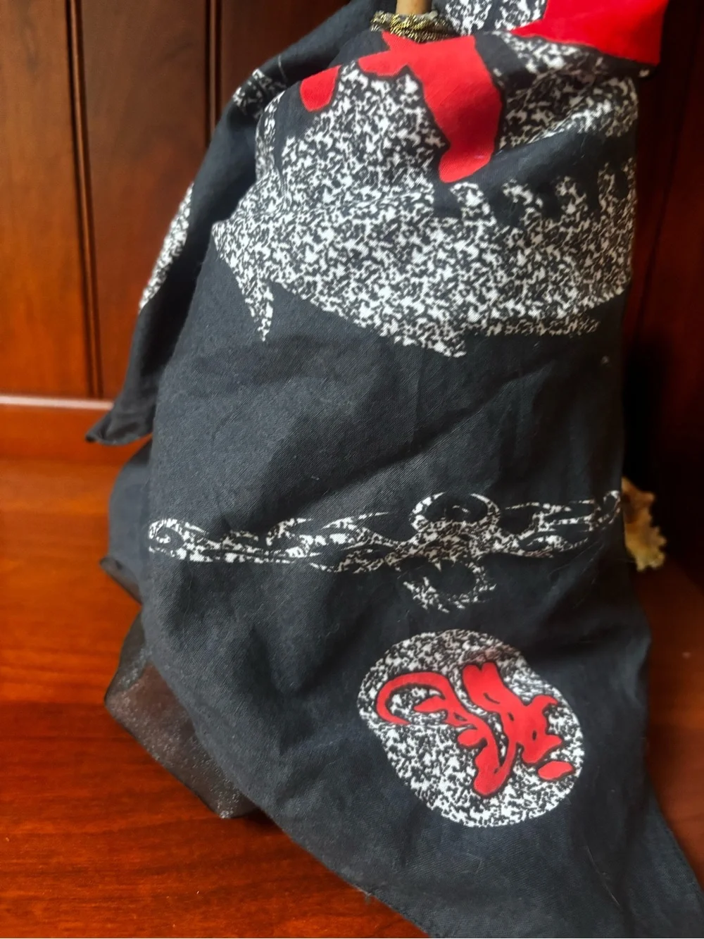Black Bandana Scarf with Red Chinese Character and Silver Sparkle Design